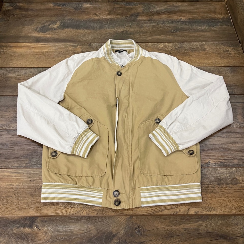HM Mens Tan Cream Varsity Bomber Jacket Size 46R Cotton Blend Zip Front Pocket